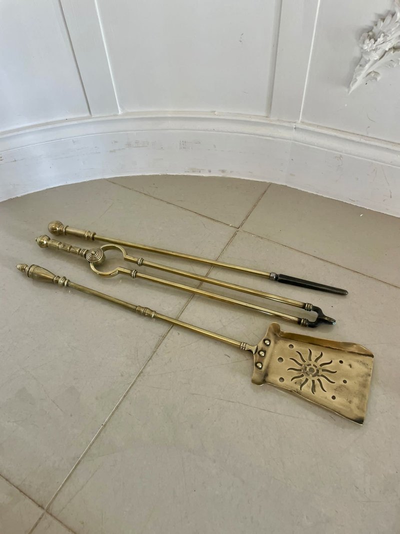 Three Antique Victorian Quality Brass Starburst Fire Irons
